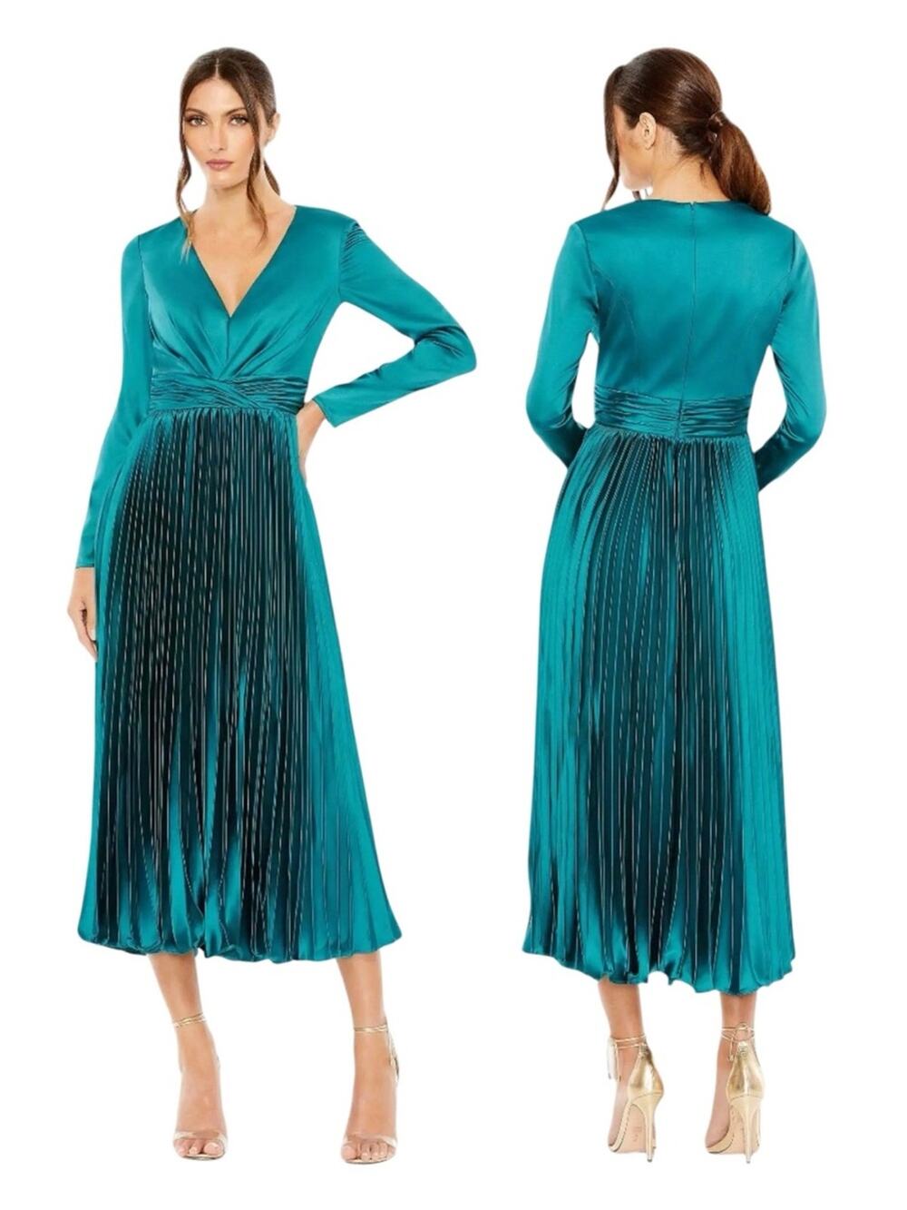 IEENA MAC DUGGAL Pleated Long Sleeve V-Neck Dress Teal 27148 size 4 Tea Midi